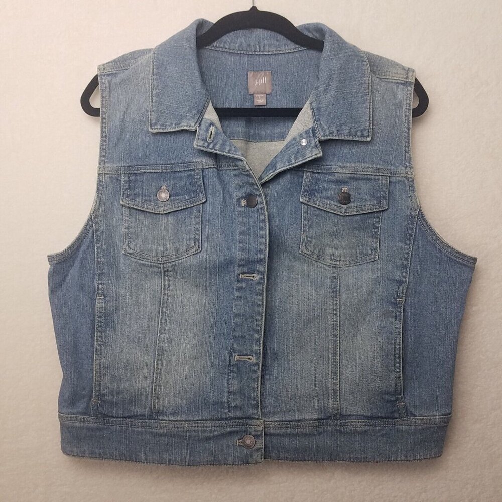 J.Jill Denim Trucker Vest Women L Cotton Blend Wash Blue Distress Pockets